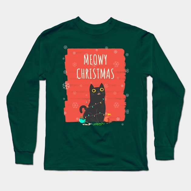 Meowy Christmas Cat Long Sleeve T-Shirt by MadeBySerif